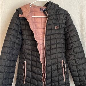 Reebok Women's Black and Pink Quilted Jacket-M